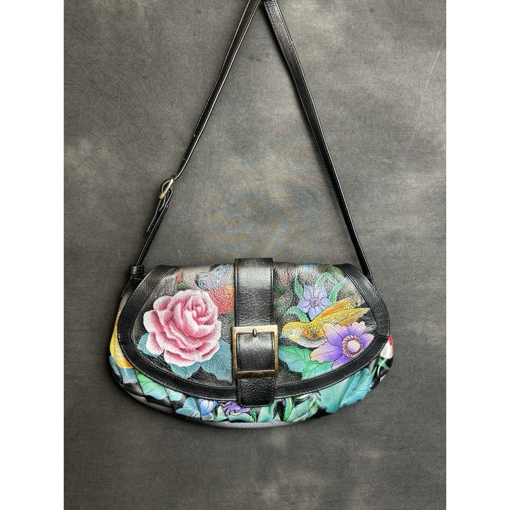 Anuschka Leather Crossbody Bag Hand Painted Floral Rose Bird Boho Artsy Black